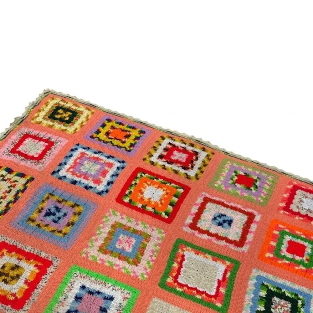 Vintage Granny Square Afghan Blanket Orange Multi Crochet Motifs 95''x115'' L